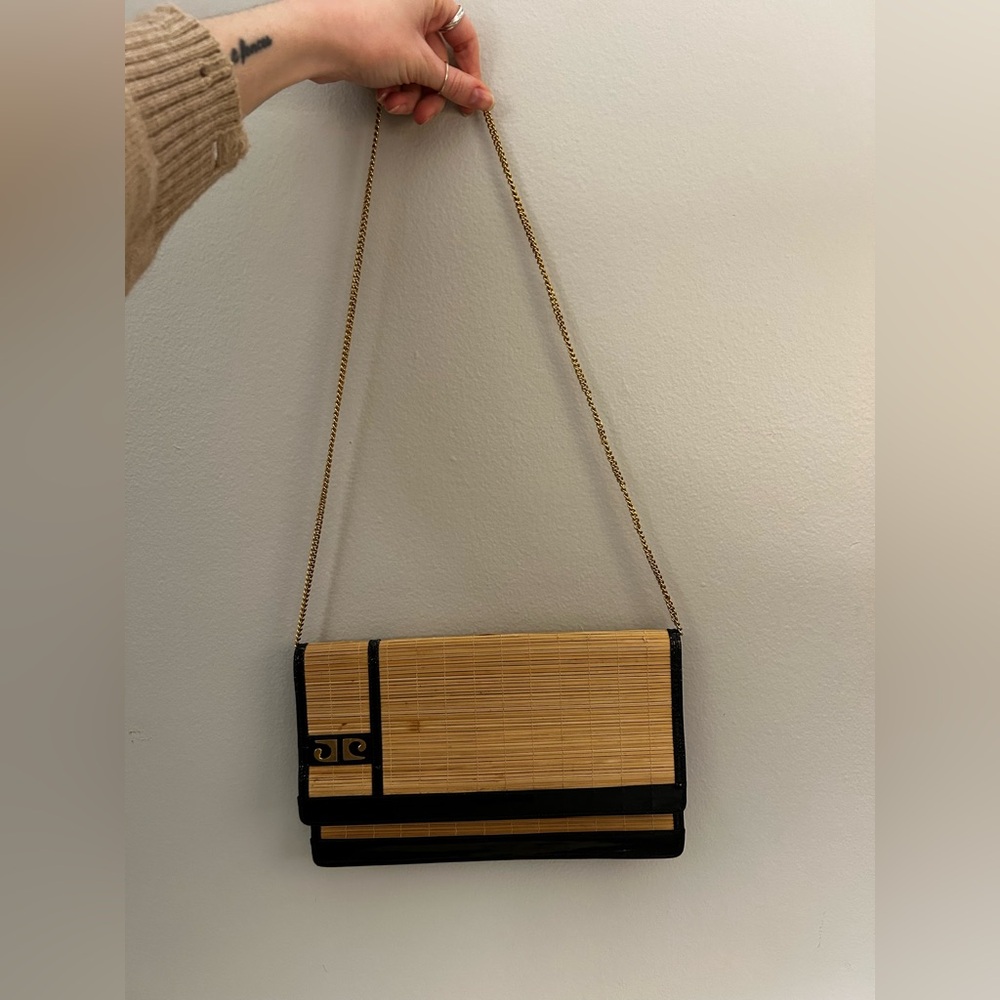 Woven Straw Bamboo Clutch Crossbody Bag Gold Chain Vintage Style